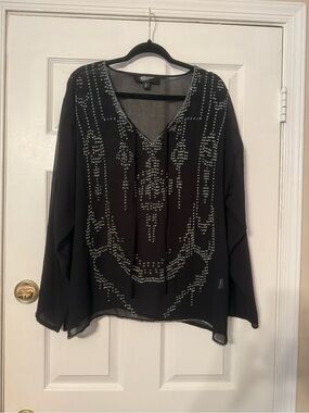 Fair Child Beaded Black V-Neck Long-Sleeve Blouse
